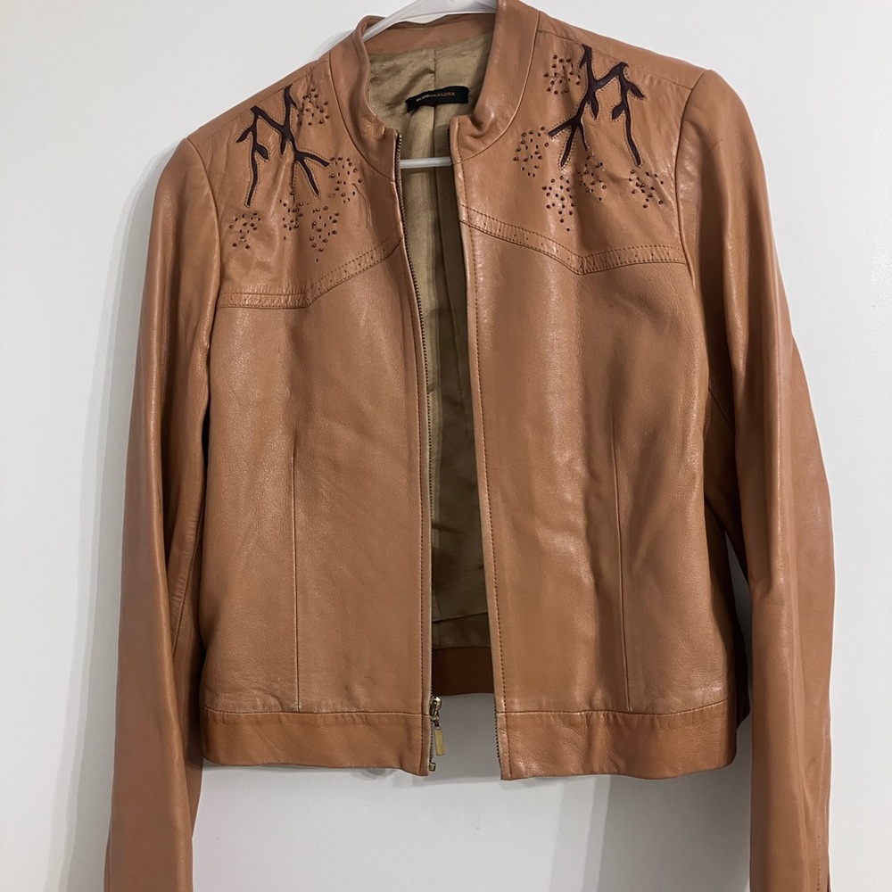Vintage BCBG Camel Leather Jacket with Beaded Floral Detail
